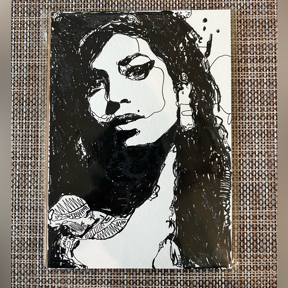 Amy Winehouse Black and White Portrait Art Pen and Paint Original Art 5x7in